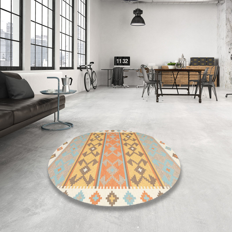 Tapis jaune / brun / gris, Rond 3 pi