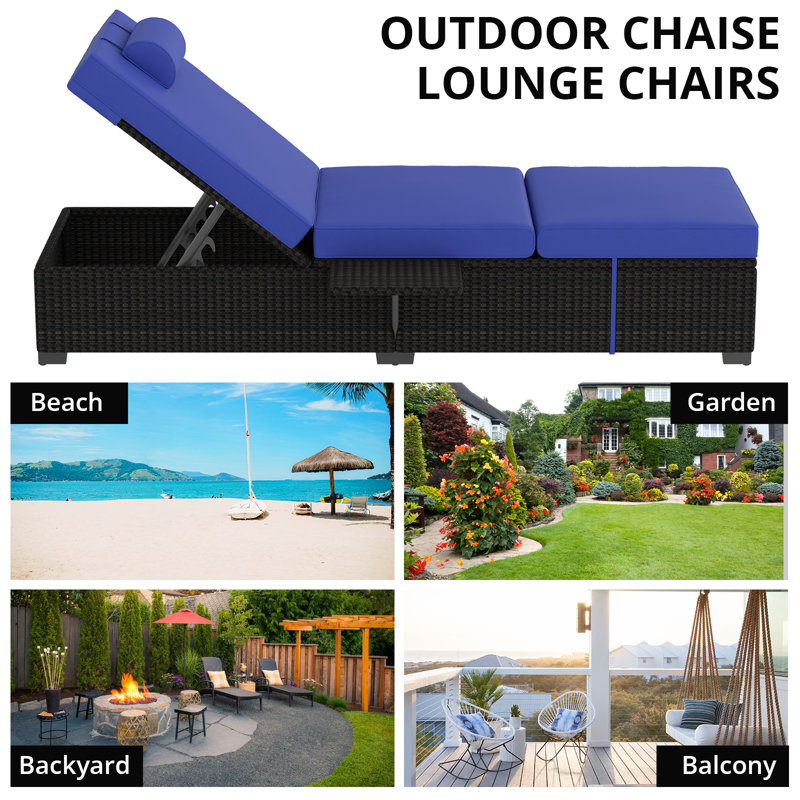 Adjustable 5-Position Backrest,Outdoor Patio Chaise Lounge Chairs, Set of 2,Brown PE Wicker Rattan Recliners,Removable Red Cushions,for Poolside, Deck, Backyard,Brown Four-Line Rattan+Sky Blue Cushion