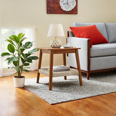 Boho 23" Mid-Century Side Table with Woven Shelf, Storage, Perfect for Living Room, Couch, Patio, Home Office, Bedside