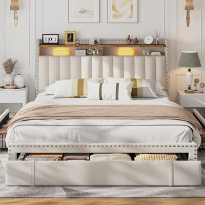 Upholstered Storage Bed Frame with 3 Drawers and 2-Tier Shelf Headboard,No-Noise