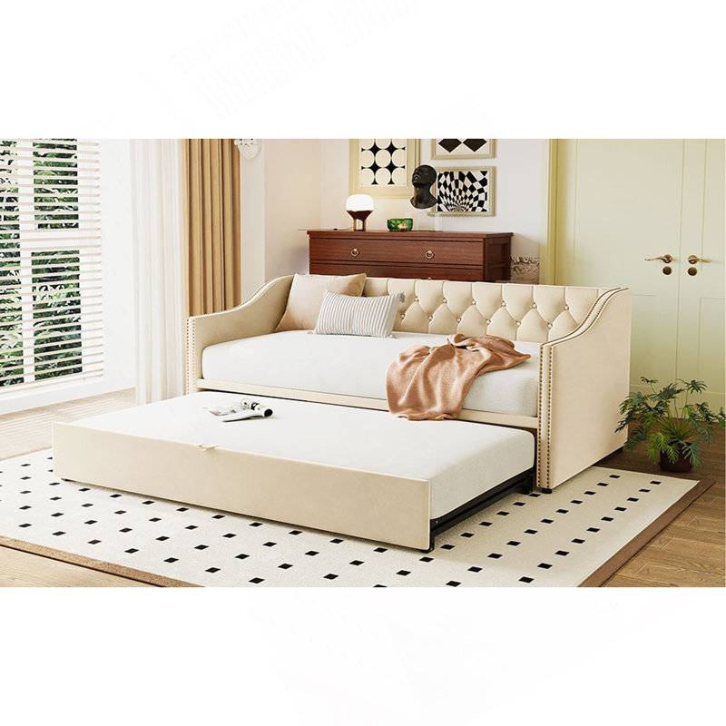 Lit de jour simple rembourré avec lit gigogne, Beige