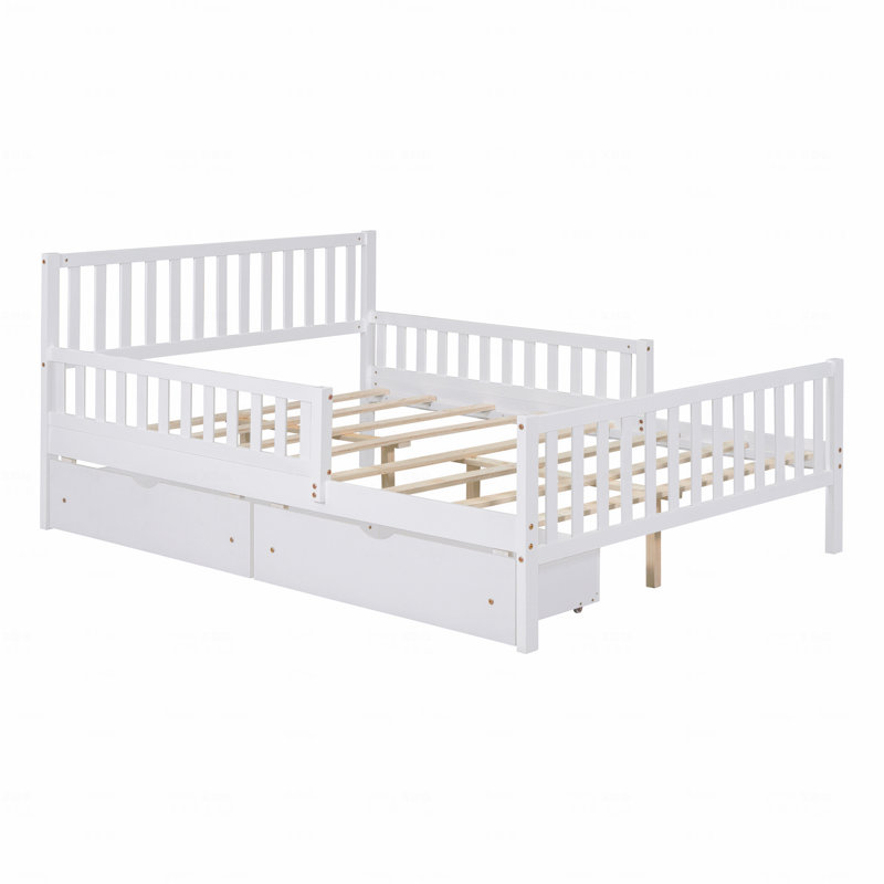 Full Size Wooden Frame Material Platform Bed Frame With Guardrails On Both Sides And Two With Storage Function Drawers,In White Finish