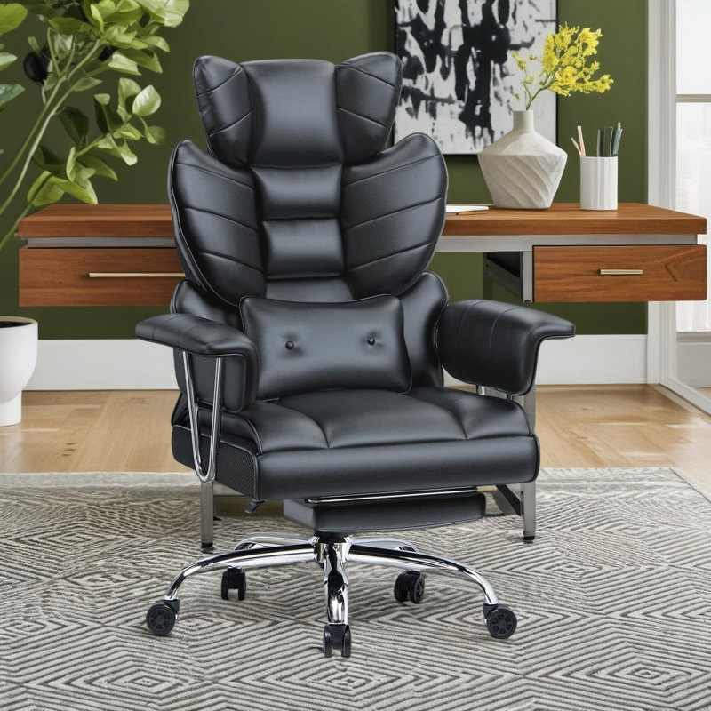 PU Leather Executive Chair with Footrest and Lumbar Support, Black
