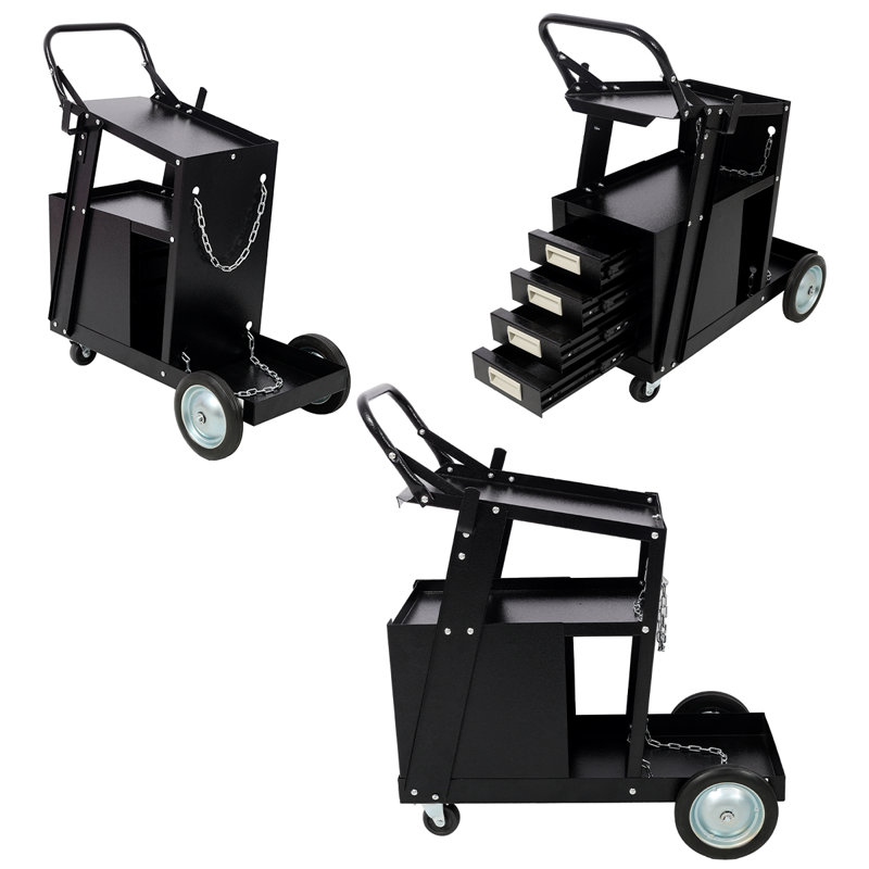 Chariot de soudage de qualité supérieure avec plateforme inclinée et tiroirs - Tablette de vérin à gaz et chaînes de sécurité