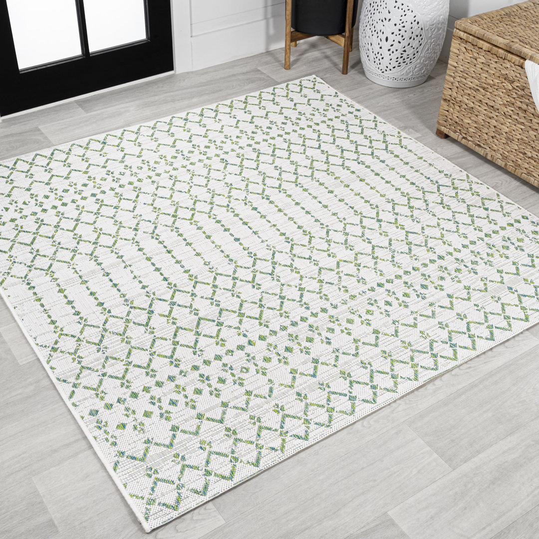 Krystina Moroccan Geometric Textured Weave Green/Ivory Indoor/Outdoor Rug Dakota Fields Rug 
