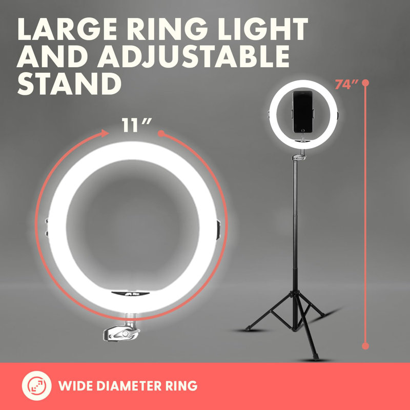  Anneau lumineux 11 '' à DEL 11W avec contrôle câblé, support trépied avec 6 sections, support de téléphone, niveaux de luminosité réglables pour les influenceurs, yogo, tiktok et barbiers.