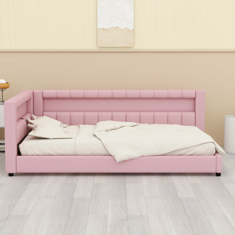 Structure de lit rembourrée avec éclairage DEL et ports USB, Double XL, Rose