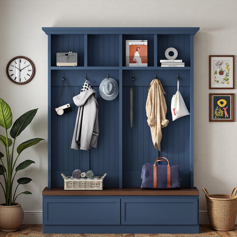 Farmhouse Hall Tree With Wood Grain Bench, Coat Rack, 2 Large Drawers And Open Storage Space