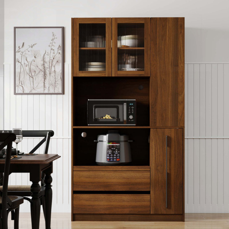 Grand garde-manger avec étagère de rangement coulissante multifonctionnelle, étagère latérale à 4 niveaux, 2 tiroirs, avec porte vitrée, cloche à nourriture autoportante avec support à micro-ondes pour la salle à manger