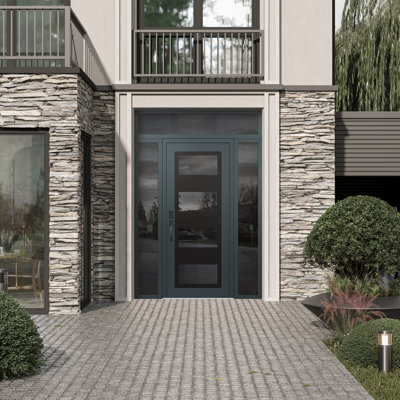 Panneau d'entrée en acier noir anthracite / anthracite avec 2 panneaux latéraux et porte d'entrée pré-montée traverse