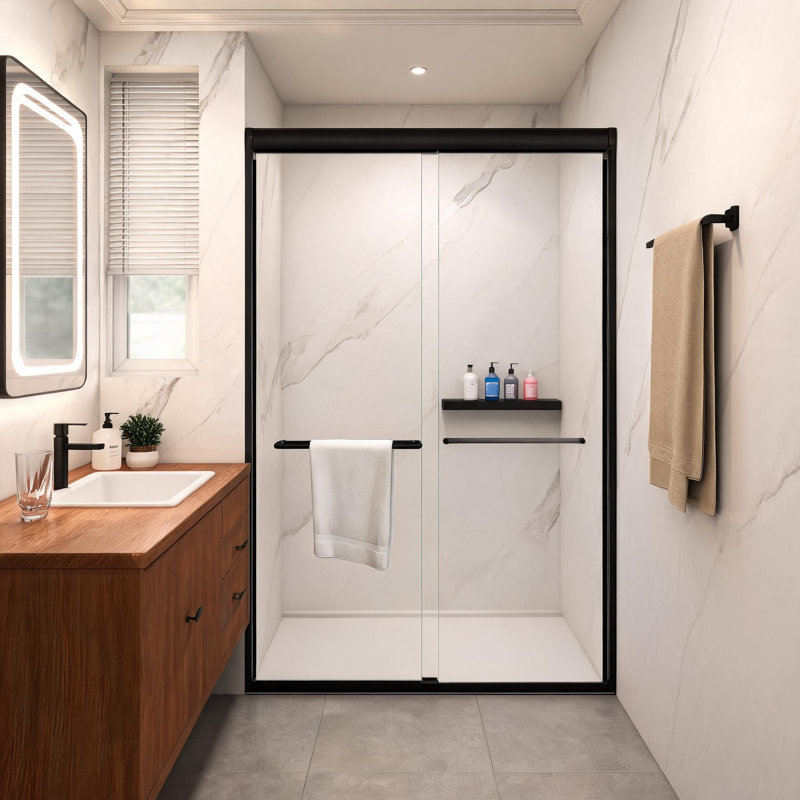 Porte de douche coulissante double semi-encadrée, noir mat, de 112 à 122 cm, avec verre de sécurité trempé de 6 mm d'épaisseur.