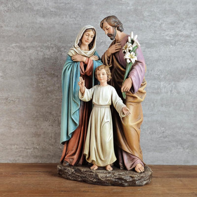 Catholic Holy Family Statue, Youth Jesus With Joseph And Virgin Mary, Religious Indoor Inspirational Home Décor, 12" H, Renaissance Sculpture Handmade