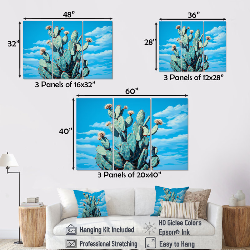 «Cactus Blue Brilliance», ensemble d'art mural sur toile cactus floral, H 32 po x l 48 po x P 1 po