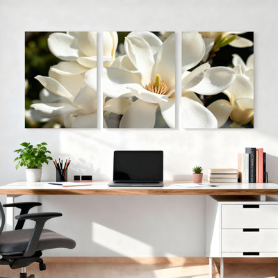 Fleur de magnolia blanc sur toile tendue, ensemble de 3 reproductions de peintures à l'huile pour salon