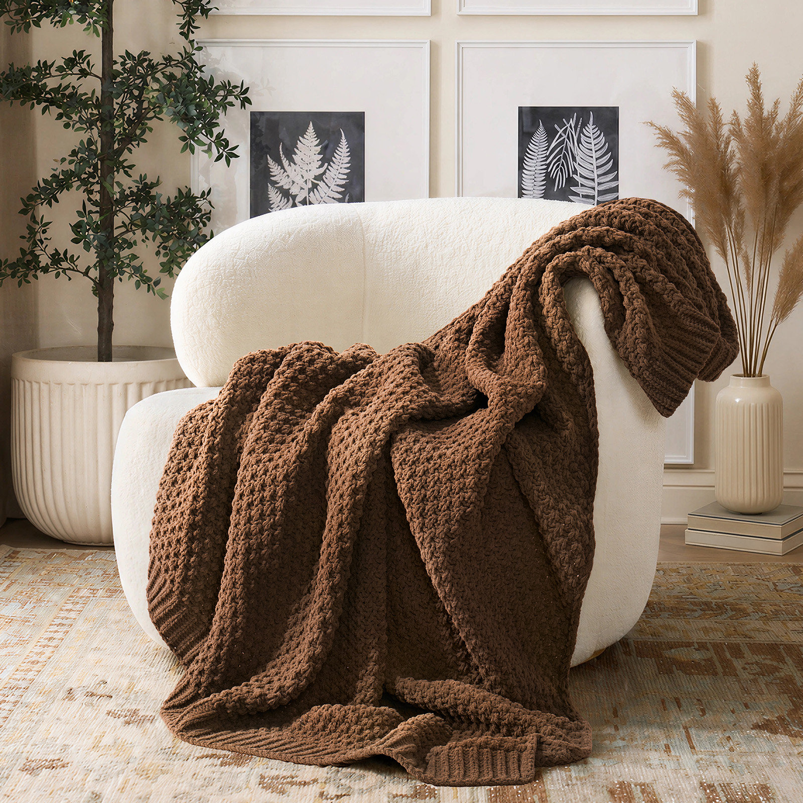 Chunky Chenille Knit Throw Blanket, 60" L x 50" W, Burnt Orange