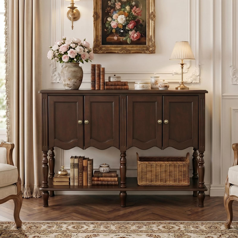 Armoire de rangement 47,2 po avec 4 portes, finition en placage de bois véritable, tablette inférieure ouverte, niveleurs réglables, pour le salon et le vestibule
