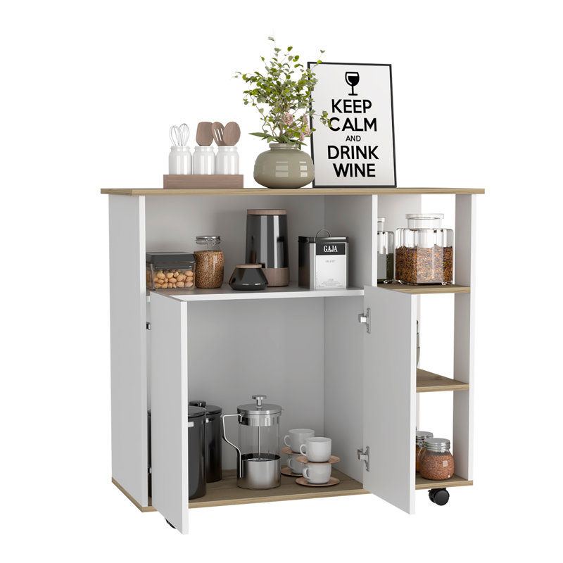 Îlot de cuisine Kamkacht, une armoire, quatre tablettes ouvertes, finition chêne clair / blanc