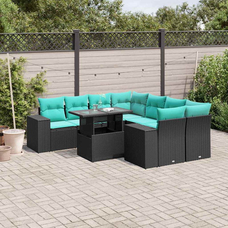 Ensemble de canapé de patio 9 pièces avec coussins en rotin de polyester, Bleu clair, Noir