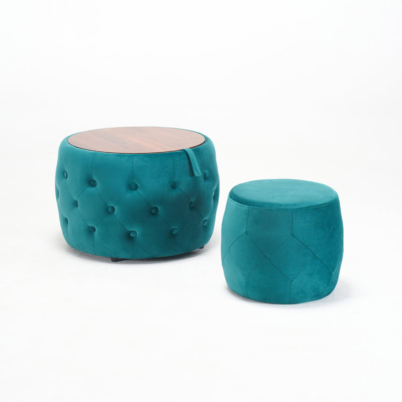 Tabouret de rangement rond avec plateau en bois, aucun assemblage requis, Bleu