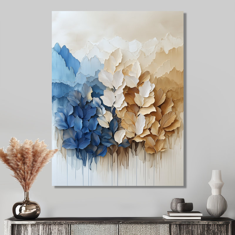 Cascade de feuilles indigo - Décoration murale botanique, impression sur métal, H 32 po x l 16 po