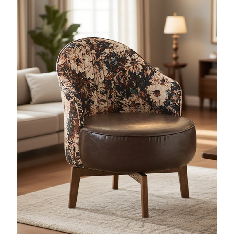Fauteuil rotatif rétro en tissu et cuir avec pieds en bois massif pour le salon