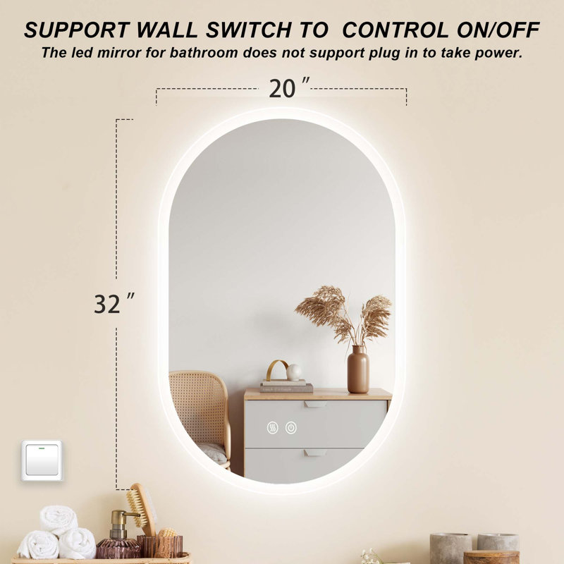 Maleia Frameless Backlit LED Oval Wall-Mounted Bathroom Vanity Mirror with Anti-Fog and Dimmable, 32" x 20"