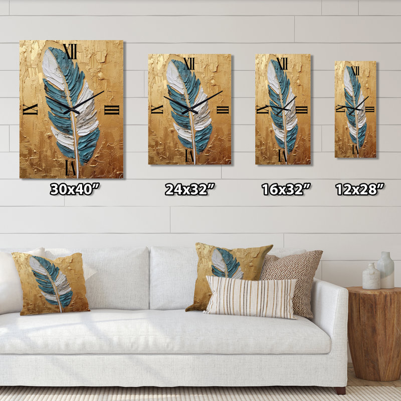 Boho Glam, exquise peinture de plumes dorées I - Plumes très horloges murales, Médium