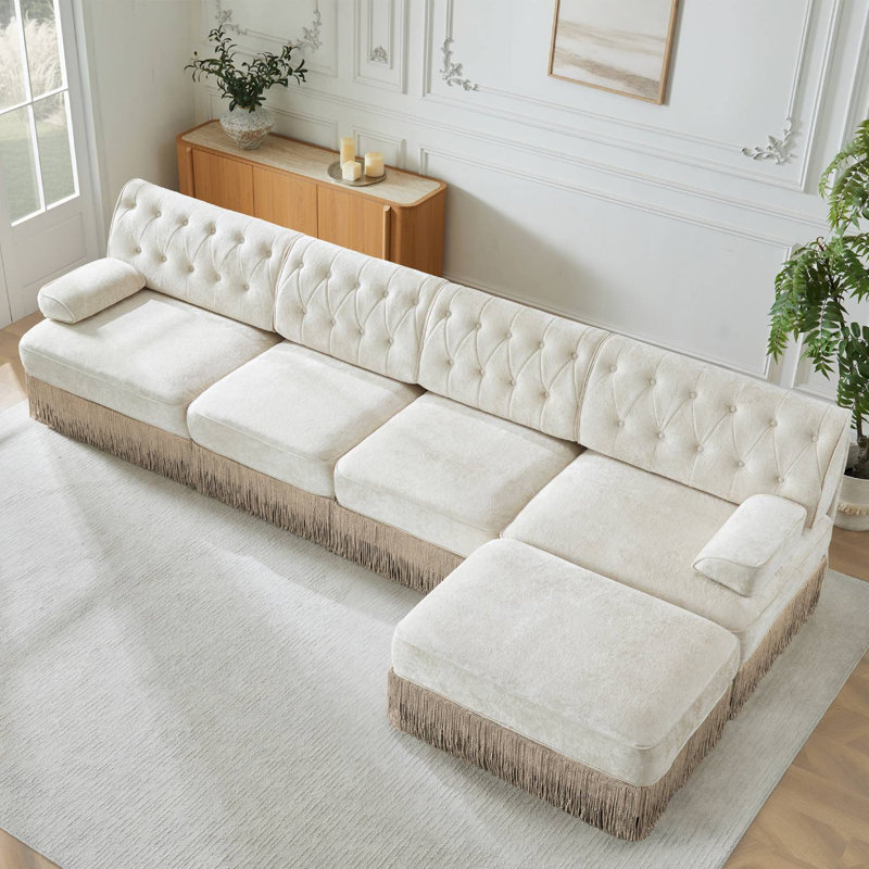 Canapé modulaire en L avec repose-pieds Chesterfield, Beige