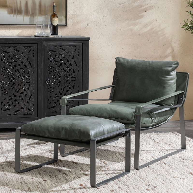 Morgan Top Grain Leather Ottoman, Forest Green