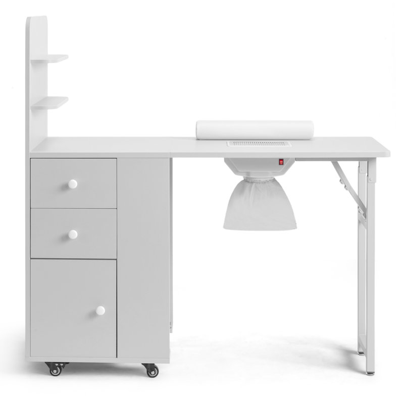 Table de manucure pliable pour Nail Tech avec 2 tablettes ouvertes, dépoussiéreur électrique , Blanc