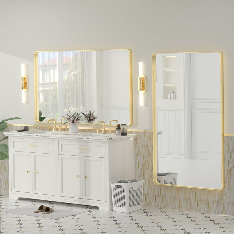Miroir de salle de bain mural en verre trempé et métal Molly, 60 po x 36 po, Doré, Rectangle(Rounded Corner)