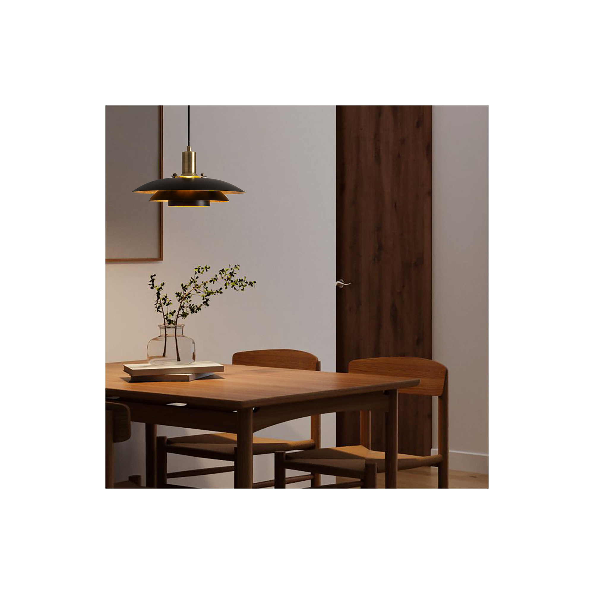 Rancho Mirage Small Pendant Light - Matte Black & Gold-Leaf Shade, Weathered Brass, Large