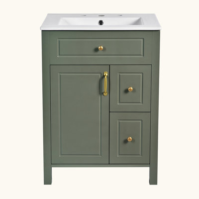 Meuble-lavabo de salle de bain avec lavabo en céramique et deux supports de rangement sur la porte