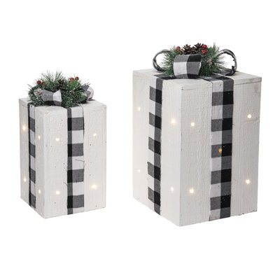  Wood Light Up Buffalo Check Bow Gift Dec Home Decorations Set of 2 Christmas