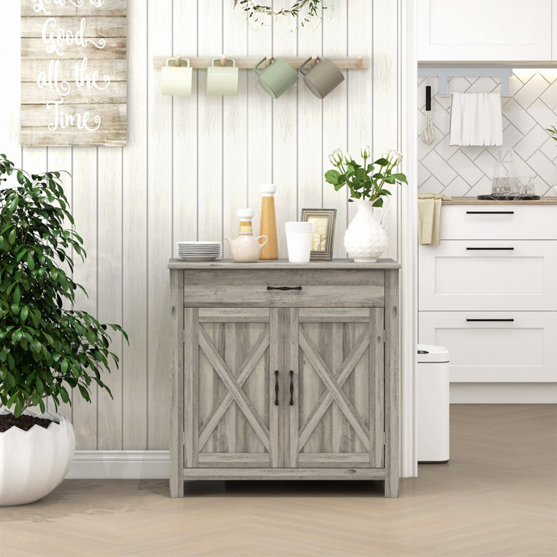 Buffet Farmhouse, armoire à café avec porte de grange et tablette réglable, Gris foncé délavé