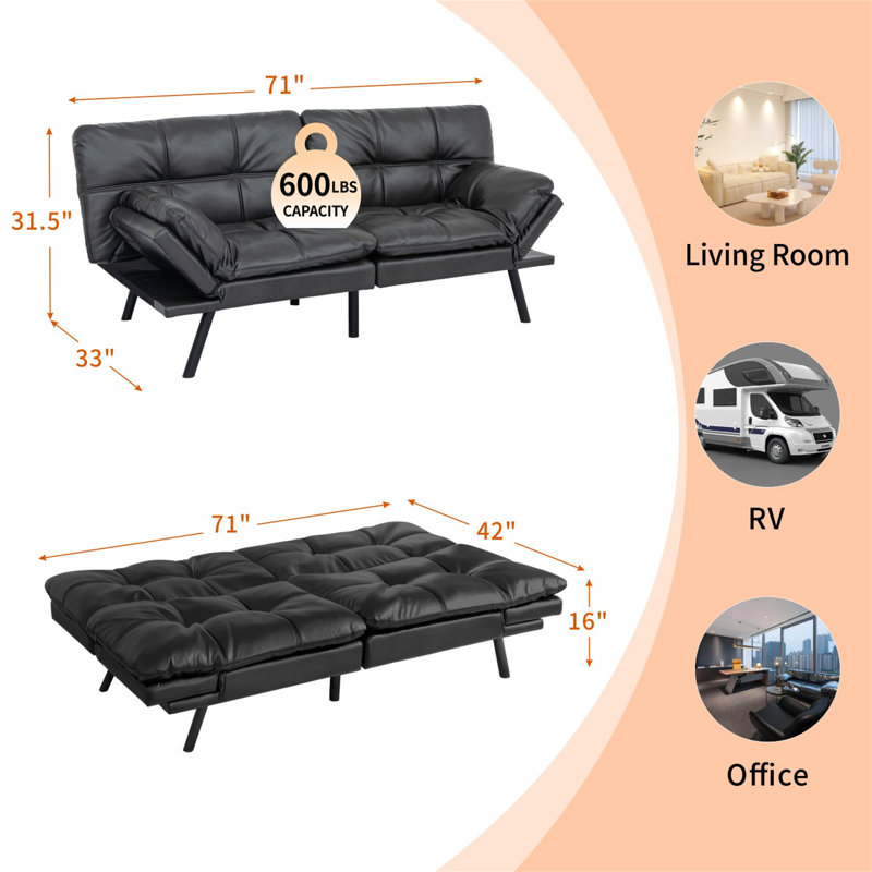 Canapé-lit futon convertible 71 po, Noir mat