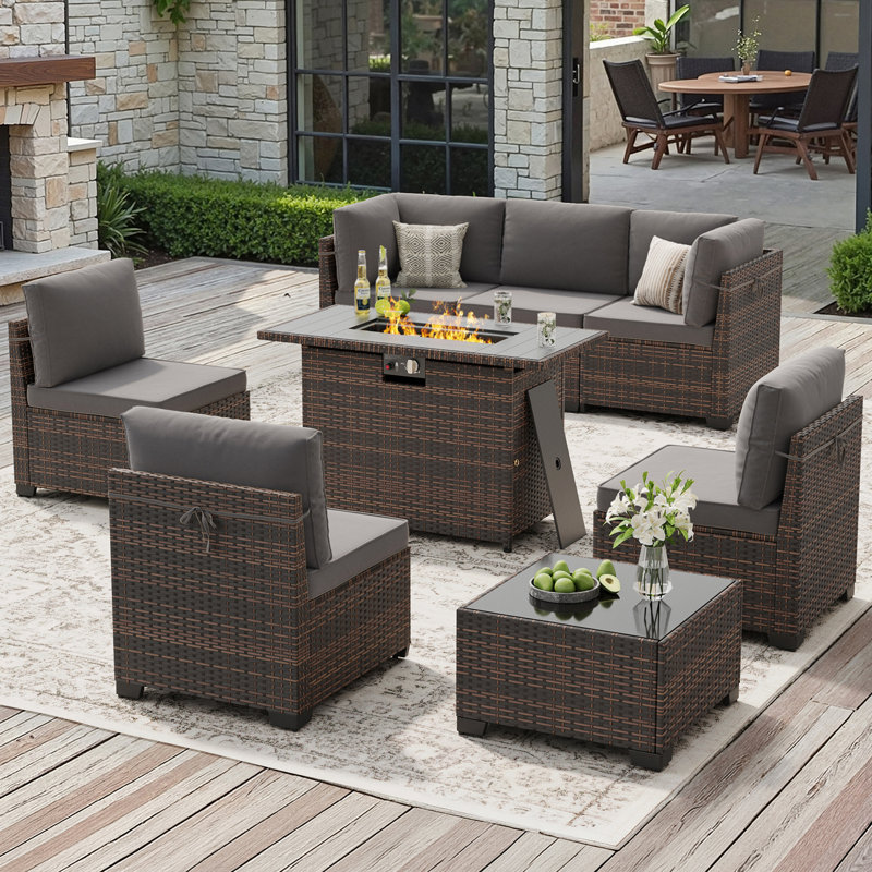 6 Person Outdoor Wicker Furniture Set, Gray