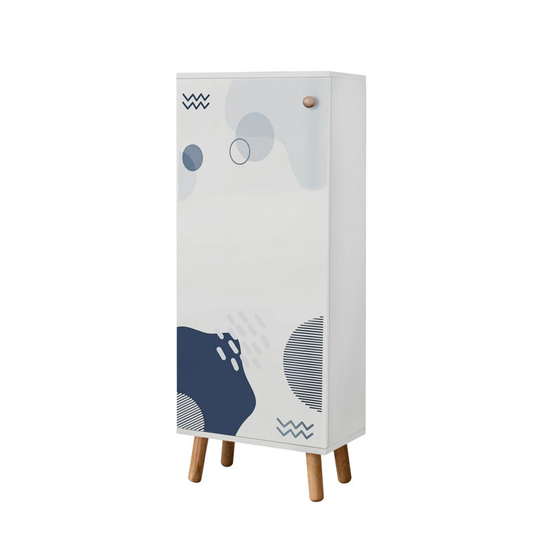 Modern Shoe Cabinet with Solid Wood Legs & Handles, White, 19.7 x 53.1 x 15.0 inches | 100% Melamine Coated Chipboard, UV Coated, Numerous Shelves | Abstract Geometric Design, Perfect for Entryway & Storage Solutions