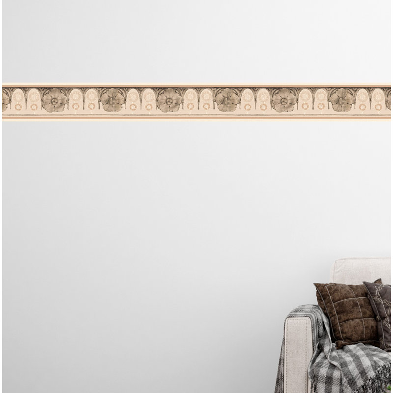 Bordure de papier peint pelez et collez Winger - beige abstrait, fleur sépia, bordure murale de volutes, rétro, 15 pi X 7 po, auto-adhésif