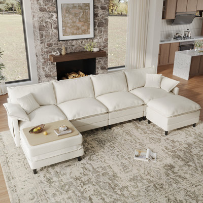 143.7'' Comfy  U Shaped Sectional Modular Deep Cloud 6-Piece Sofa with Two Ottomans Corduroy Fabric