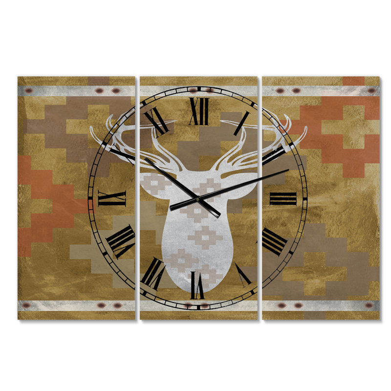 Patterned White Deer Head - Oversized Traditional 3 Panels Wall Clock