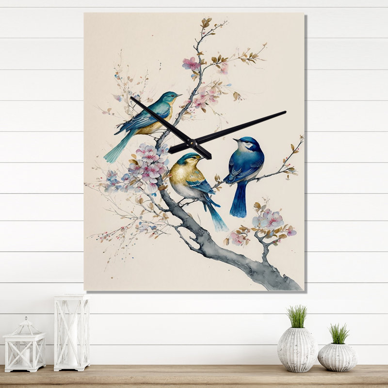 Birds On Plum Blossoms Tree V - Horloges murales animaux, H 28 po x l 12 po x P 1 po