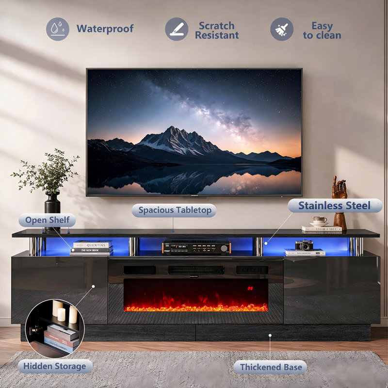 Keyle 80" W TV Stand with Electric Fireplace and LED Lights, Black, 23.6” H x 80” L x 13.8” W