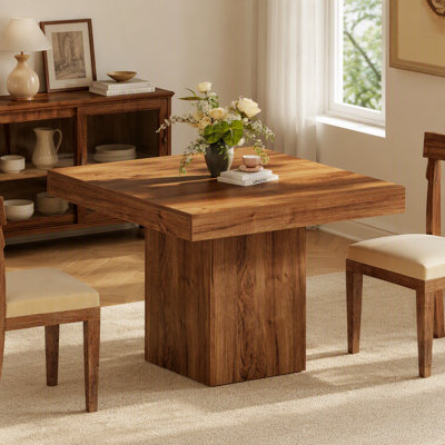39″ Square Farmhouse Dining Table for 4, Kitchen Dinner Table with Natural Wood Finish and Sturdy Pedestal Base, Breakfast Nooks and Cafes