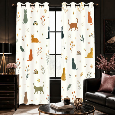 2Pcs Cute Cat Pattern Curtains, Whimsical Floral and Rainbow Print, Cartoon Animal Design, Modern Decorative for Room or Living for Home Dector
