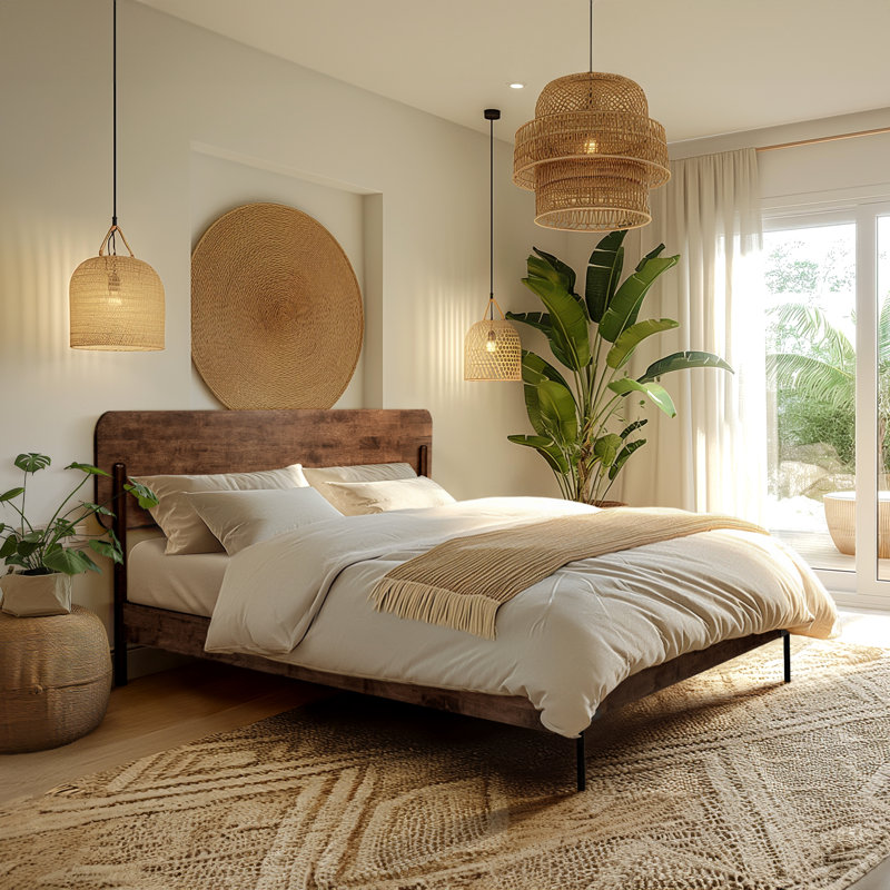 Frida Solid Wood Queen Size Platform Bed with Headboard, Walnut Finish Scandinavian Bed Frame Compatible with All Mattresses, 800lbs Capacity, No Box Spring Needed, Effortless Assembly, 5 Years Warranty Bedroom Furniture