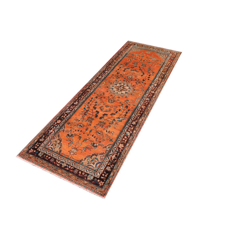 Tapis de couloir vintage en laine noué à la main orange et brun Tabriz 3 pi 9 po x 10 pi 0 po