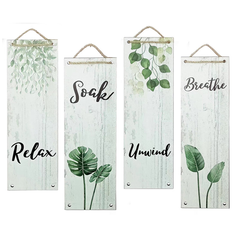 " Green Botanical Bathroom Relax Soak Unwind Sign Plant Wood " 4 - Pieces