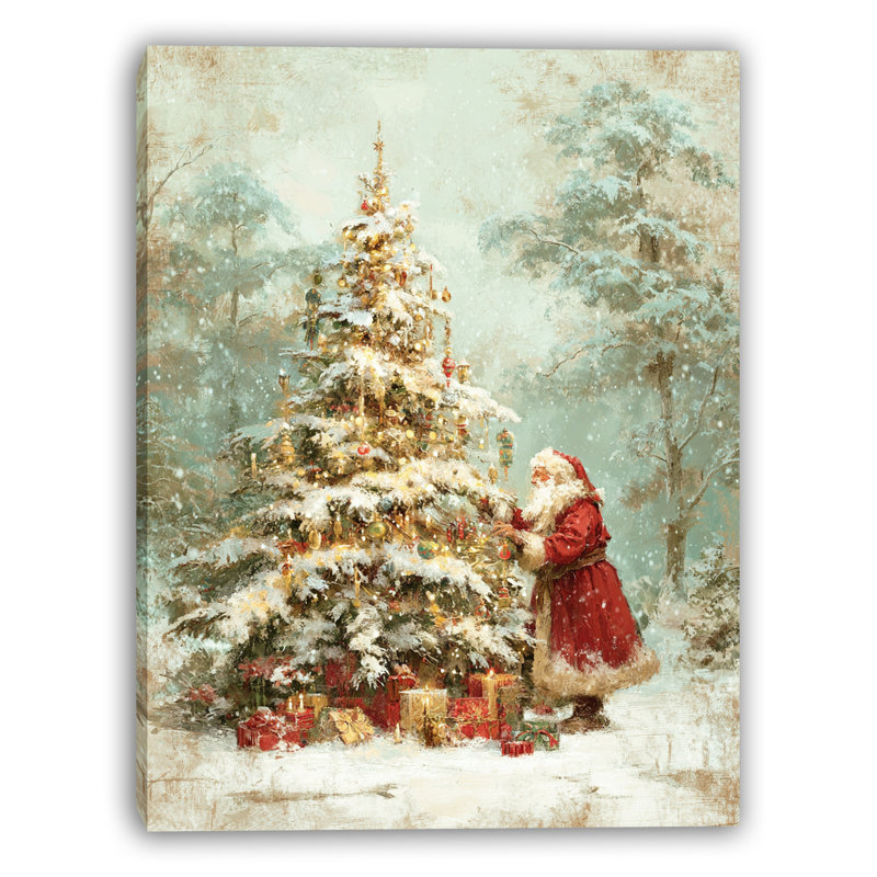 Art mural rétro sur toile tendue avec arbre Santa, H 40 po x l 30 po