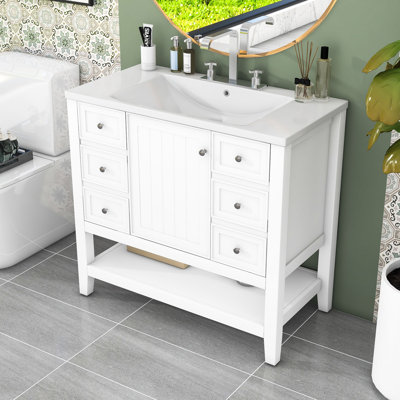 Modern Wood Bathroom Vanity with Ceramic Sink and Multi-Functional Storage